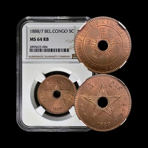 CONGO. 1888, 5 Centimes - NGC MS64 - Leopold II, Belgian, 8/7 Overdate OVD - Picture 1 of 6