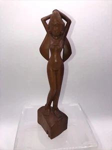 Vintage 8.5” Hand Carved Balinese Art Deco Style Nude Wood Sculpture - Picture 1 of 10