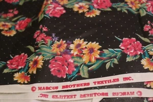 VTG Marcus Brothers Polished Cotton Fabric 1.3 yds Black Floral Stripe Rose - Picture 1 of 3