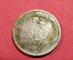 Ceylon Sri Lanka 1913 50 Cents Silver Coin - Picture 1 of 5