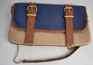 Steve Madden Envelope Clutch Shoulder Crossbody Chain Purse Hand Bag Blue Brown - Picture 1 of 10