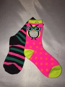 Girls 2pk socks owl polka-dots and stripes pink, black 6 inches from heel to toe - Picture 1 of 3