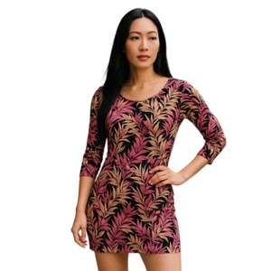 Forever 21 Pink Black Leaf Print Floral Scoop Neck 3/4 Sleeve Dress Size XSmall - Picture 1 of 4