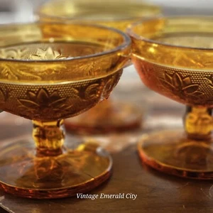 Indiana Glass Amber Tiara Low Sherbet Glasses Vtg Set of 3 Honey Cottagecore - Picture 1 of 11