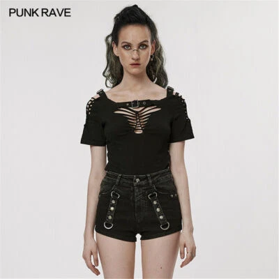 Camiseta Punk Rave Mujer Negra Gótica Punk Ajustada Sexy Hueca Manga Corta Foto 1 de 4