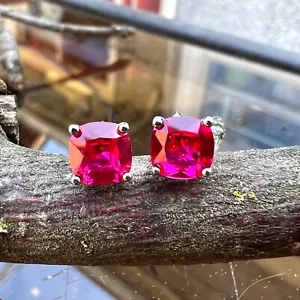 Lab Made Ruby Stud Earrings Sterling Silver 925 , July Birthstone - Picture 1 of 9