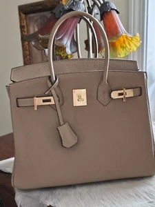 FAMOUS SOLD-OUT GENUINE LEATHER BAG GRAY-BEIGE LARGE TOP-HANDLE SHOULDER STRAP - Picture 1 of 13