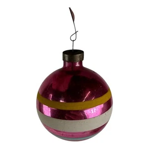Shiny Brite Christmas Ornament Pink w Blue Yellow White Stripes Ball Vintage - Picture 1 of 9