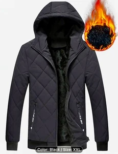 2 XL Winter Men'S Hooded Jacket - Casual Solid Color Thick Warm Coat with Pocket - Picture 1 of 6