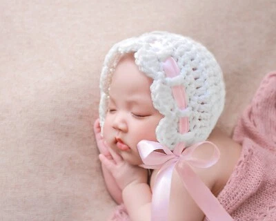 Handmade Crochet Baby Girl Hat in Newborn size, Baby Shower Gift, Girl Bonnet - Image 1 of 2