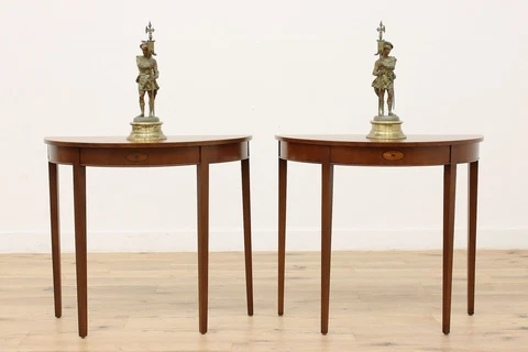 Pair of Vintage Hepplewhite Mahogany Demilune Hall Consoles #45617 Cover