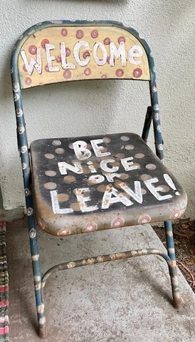 Vintage New Orleans Outsider Primitive Art Handpainted Metal Folding Chair Cover
