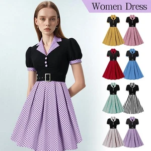 Women 50s 60s Vintage Polka Dot Dress Lapel Short Sleeve Belt A-Line Swing Dress - Picture 1 of 20