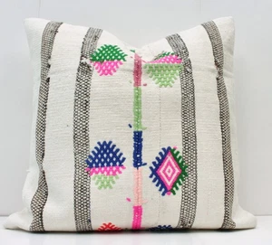 Dekorativer handgefertigter türkischer Kelim Kissenbezug 24 Zoll weiß Baumwolle Kelim Kissen - Bild 1 von 9