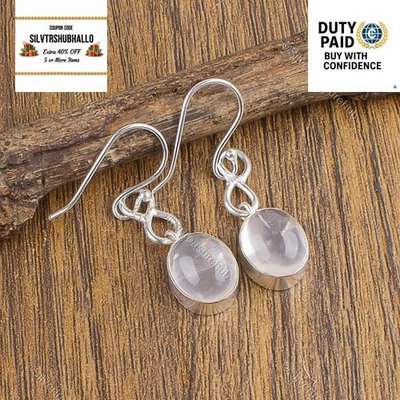 Oval Rose Quartz Gemstone Sterling Silver Drop Dangle Anniversary Wife Earrings Foto 1 de 4