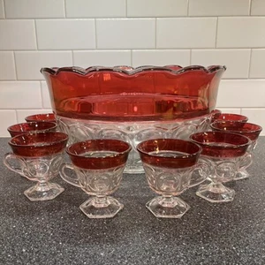 Vintage Indiana Glass Kings Crown Ruby Punch Bowl Set W/ 11 Footed Cups - Picture 1 of 6