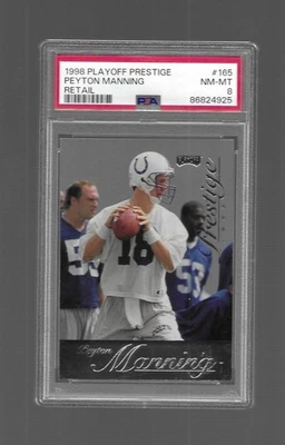 Tarjeta de novato Peyton Manning 1998 Playoff Prestige #165 clasificación al por menor PSA 8 casi nueva Foto 1 de 2