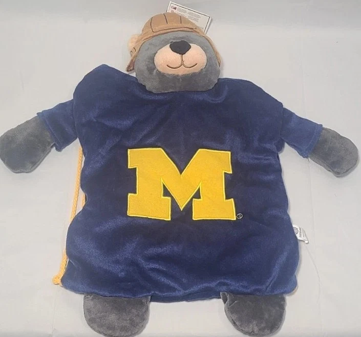 Michigan Football Kids Drawstring Backpack with Stuffed Bear Head New with Tags  - Image 1 of 4