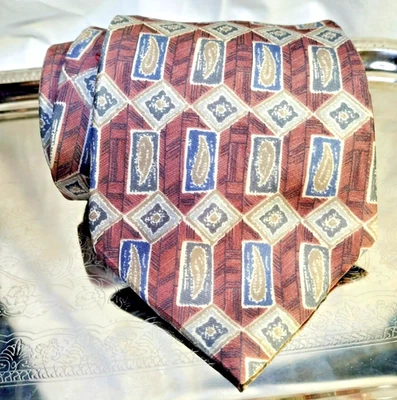 Corbata Henry Grethel 100% Seda Italiana Marrón Azul Patrón Geométrico Hecha en EE. UU. 4"  Foto 1 de 4
