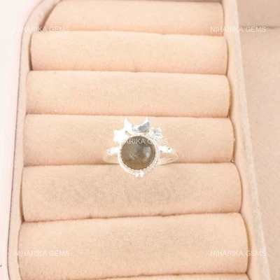 Anillo de compromiso solitario de cumpleaños redondo de plata 925 con labradorita natural joyería Foto 1 de 4