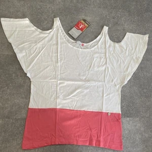 Champion Women’s Cold Shoulder T-Shirt White Pink Colorblock Heritage Fit NWT - Picture 1 of 5