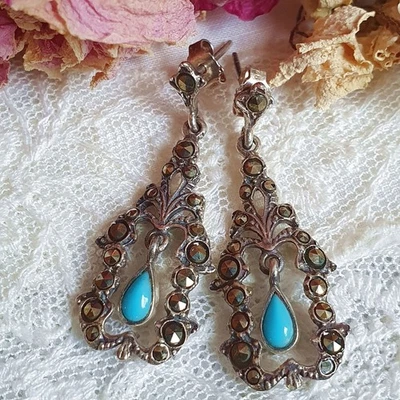 Vintage Jugendstil Ohrringe, Silber Ohrstecker mit Makasten u. Türkis Tropfen - Bild 1 von 2