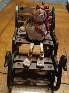 Cast Iron W/ Wood Seat & Steps Sleigh, Led By Two Swans With Seated Cat - Picture 1 of 10