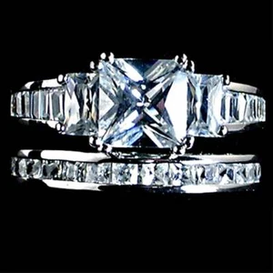 3-STONE PRINCESS CUT CLEAR CZ WEDDING SET_SZ-9__925 STERLING SILVER - Picture 1 of 6