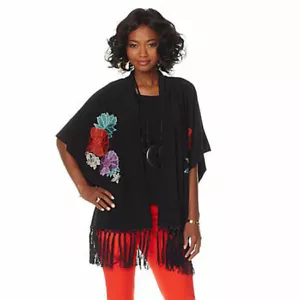 NATORI Size S Embroidered Kimono Topper with Fnge Tm BLACK - Picture 1 of 1