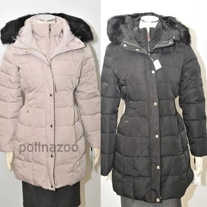 Calvin Klein puffer Faux Fur Trim Stretch Bib down Black Beige Coat $350 - Picture 1 of 4