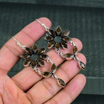 Smokey Quartz Gemstone Handmade 925 Sterling Silver Earrings Jewelry - Image 1 of 4