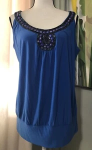 Vintage Y2K Fashion Bug blau abstrakt Schmuck Perlen Boho Tunika Strick Top Damen Gr. Lg - Bild 1 von 12