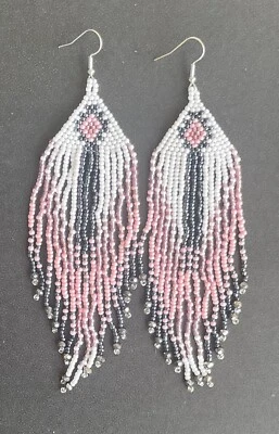 Pendientes Boho Western Negro Rosa Blanco Negro Semilla Cuentas Flecos Borla Largos Foto 1 de 4
