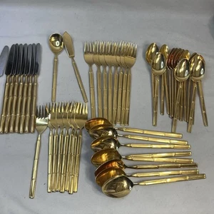 SUPER 51 Pezzi Set Posate Acciaio Inox Finitura ORO Bambù COREA Set per 8 - Foto 1 di 14