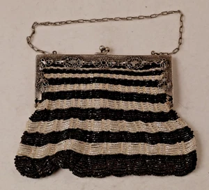Black Clear Striped Beaded Silver Filigree & Floral Frame Evening Bag Purse VTG - Picture 1 of 15