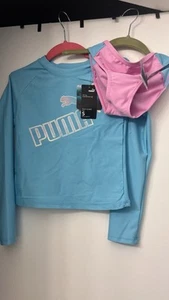 Puma girl's Bikini + tshirt Rash Guard Swimsuit Long sleeve Pink And Blu Light - Picture 1 of 11