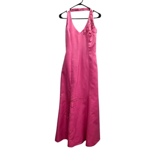 Hot Pink Satin Halter Lace Up Gown 11/12 Sequin Y2K Prom Formal Glam Evening - Picture 1 of 9