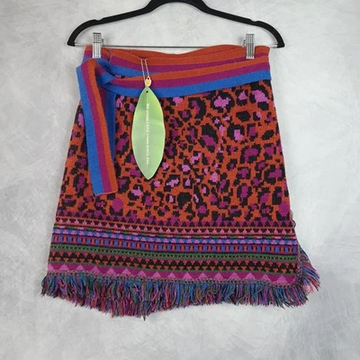 Farm Rio Skirt Womens XS Ainika Tapestry Sweater Knit Leopard Wrap Fringe - Image 1 of 4