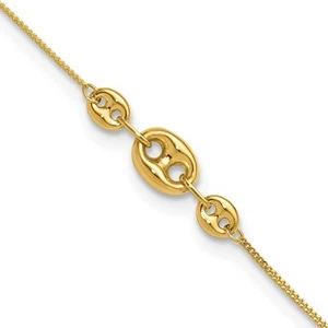 14k Yellow Gold Polished Fancy Link Three Station Anklet 9" w/1in ext. 1.21gm - Picture 1 of 7