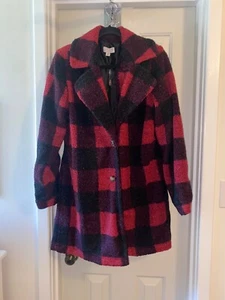 JOAN RIVERS Buffalo Check Sherpa Teddy Coat BRICK sz XS - Picture 1 of 2