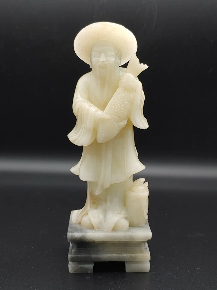 寿山石雕像 白芙蓉藕尖白 丰收渔翁 Китайская статуя рыбака из белого фуронга Шоушань - Изображение 1 из 4