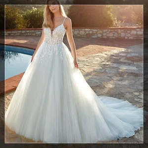 Straps Heavy Pearl Beaded Wedding Gown Lace Bridal Dress Custom made Ivory Tulle - Picture 1 of 9