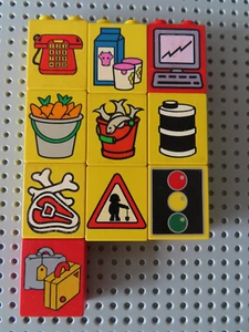 Lego Duplo 10 x Stein mit Motiv 1x2x2 Telefon Eimer Möhren Fisch Milch Koffer et - Bild 1 von 1