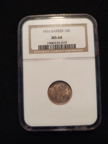 1916 Barber Dime 10C NGC MS64 10 Cents Good Luster 90% Silver Cover