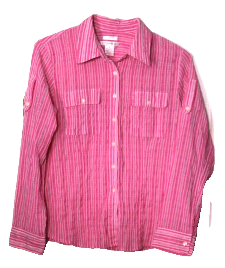 BLUSA NINE & CO feminina tamanho 8 listra branca rosa listra enrugada manga longa - Imagem 1 de 4