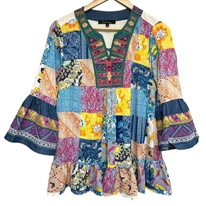 Calessa bestickte Patchwork Tunika Oberteil Damen S Glockenärmel Bohemian Festival - Bild 1 von 10