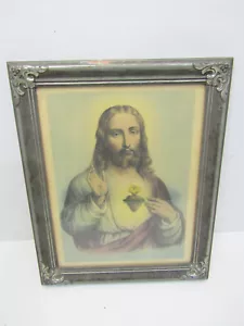 ALTER VINTAGE JESUS OFFENES HERZ SIGNIERTES RELIGIÖSES BILD HOLZRAHMEN - Bild 1 von 3