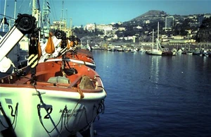 Orig Kodachrome Slide, Lifeboats on a Russian Cruise Ship / Vessel in Port - Picture 1 of 1