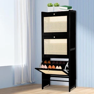Black Shoe Cabinet With 3Flip Drawers Rattan Shoe Storage Cabinet For Entryway - Picture 1 of 12