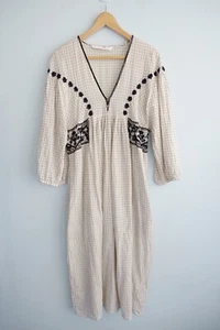 Zara Midi Dress Womens Large 10 12 Ivory Check Floral Embroidered Boho Gypsy - Picture 1 of 18